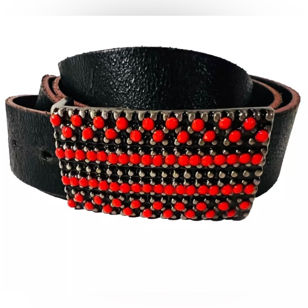 Black Leather Belt with Red Beaded Buckle